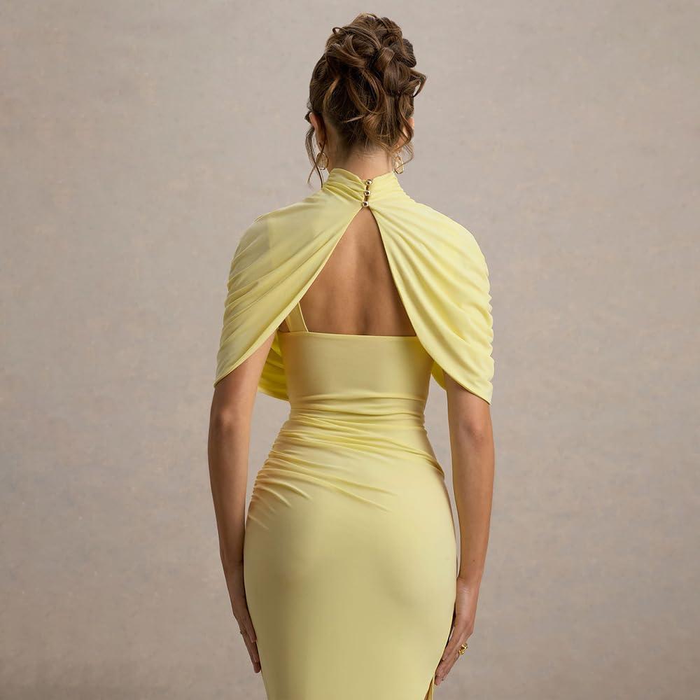 imagemeilun HighNeck Mesh Midi Dress with Shawl Collar Asymmetrical Hemline Fitted SkirtYellow