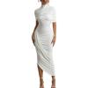 meilun High-Neck Mesh Midi Dress with Shawl Collar Asymmetrical Hemline Fitted Skirt(White)