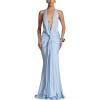 meilun Off-Shoulder Deep V-Neck Fitted Dress Floor-Length Evening Gown(Blue)
