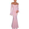 meilun Off-Shoulder Long-Sleeved Floor-Length Dress Fitted and Figure-Hugging Fishtail Gown(Pink)