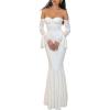 meilun Off-Shoulder Long-Sleeved Floor-Length Dress Fitted and Figure-Hugging Fishtail Gown(White)