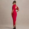 meilun High-Neck Mesh Midi Dress with Shawl Collar Asymmetrical Hemline Fitted Skirt(Red)
