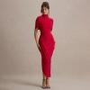 meilun High-Neck Mesh Midi Dress with Shawl Collar Asymmetrical Hemline Fitted Skirt(Red)