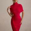 meilun High-Neck Mesh Midi Dress with Shawl Collar Asymmetrical Hemline Fitted Skirt(Red)