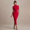 meilun High-Neck Mesh Midi Dress with Shawl Collar Asymmetrical Hemline Fitted Skirt(Red)