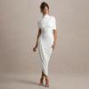 meilun High-Neck Mesh Midi Dress with Shawl Collar Asymmetrical Hemline Fitted Skirt(White)