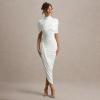 meilun High-Neck Mesh Midi Dress with Shawl Collar Asymmetrical Hemline Fitted Skirt(White)