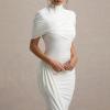 meilun High-Neck Mesh Midi Dress with Shawl Collar Asymmetrical Hemline Fitted Skirt(White)
