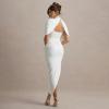 meilun High-Neck Mesh Midi Dress with Shawl Collar Asymmetrical Hemline Fitted Skirt(White)
