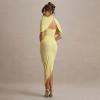 meilun High-Neck Mesh Midi Dress with Shawl Collar Asymmetrical Hemline Fitted Skirt(Yellow)