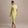 meilun High-Neck Mesh Midi Dress with Shawl Collar Asymmetrical Hemline Fitted Skirt(Yellow)