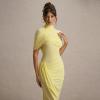 meilun High-Neck Mesh Midi Dress with Shawl Collar Asymmetrical Hemline Fitted Skirt(Yellow)