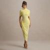 meilun High-Neck Mesh Midi Dress with Shawl Collar Asymmetrical Hemline Fitted Skirt(Yellow)