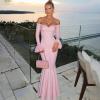 meilun Off-Shoulder Long-Sleeved Floor-Length Dress Fitted and Figure-Hugging Fishtail Gown(Pink)