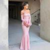 meilun Off-Shoulder Long-Sleeved Floor-Length Dress Fitted and Figure-Hugging Fishtail Gown(Pink)