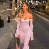 meilun Off-Shoulder Long-Sleeved Floor-Length Dress Fitted and Figure-Hugging Fishtail Gown(Pink)