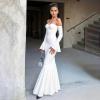 meilun Off-Shoulder Long-Sleeved Floor-Length Dress Fitted and Figure-Hugging Fishtail Gown(White)
