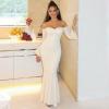 meilun Off-Shoulder Long-Sleeved Floor-Length Dress Fitted and Figure-Hugging Fishtail Gown(White)
