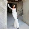 meilun Off-Shoulder Long-Sleeved Floor-Length Dress Fitted and Figure-Hugging Fishtail Gown(White)