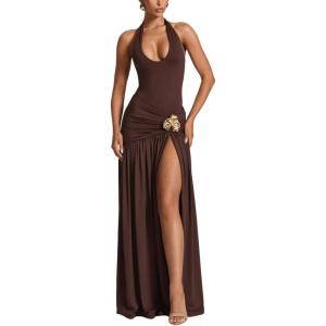 Bodysuit Maxi Dress Set Backless Tie Split Seaside Vacation Party Dresses(Brown)