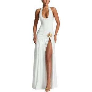 Bodysuit Maxi Dress Set Backless Tie Split Seaside Vacation Party Dresses(White)