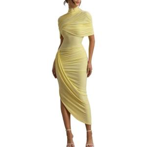 meilun High-Neck Mesh Midi Dress with Shawl Collar Asymmetrical Hemline Fitted Skirt(Yellow)