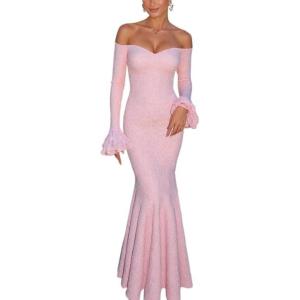 meilun Off-Shoulder Long-Sleeved Floor-Length Dress Fitted and Figure-Hugging Fishtail Gown(Pink)
