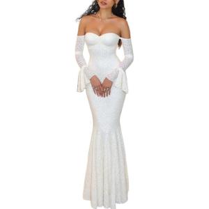 meilun Off-Shoulder Long-Sleeved Floor-Length Dress Fitted and Figure-Hugging Fishtail Gown(White)