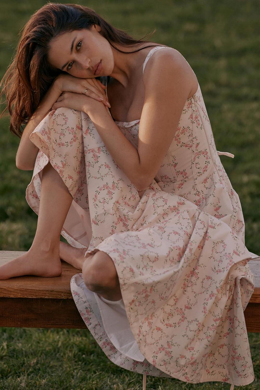 imageCream Floral Midi Sun Dress Drawstring Sheath Sleeveless High Waist Skinny Seaside Wedding DressesPink