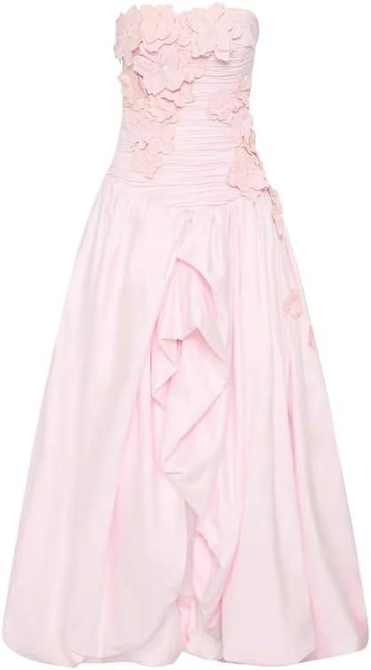 imageSplitFront 3D Floral Dress with Collage Design Strapless Maxi Dress for SummerPink