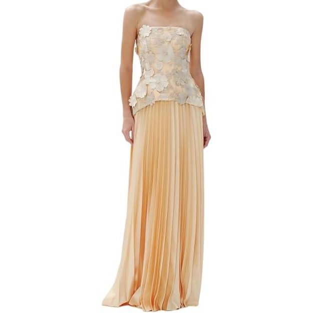 imagemeilun Sleeveless Strapless Top with 3D Floral Detail and Cinched Waist HighWaisted Pleated SkirtYellow