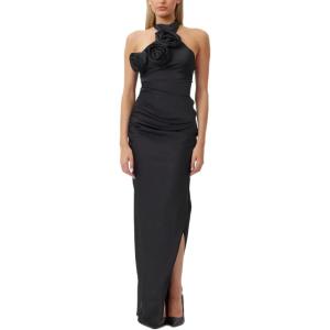 Floral Maxi Dress Elegant Lace Up Backless Daily Seaside Banquet Exhibition Gowns(Black)