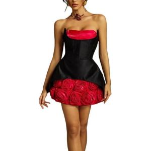 meilun 3D Rose Strapless Flower Mini Dress Valentine’s Day Date Dress(Black)