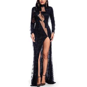 meilun Long-Sleeved Sheer Fringe Sequined Dress 1920s Evening Gown(Black)