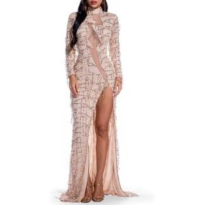 meilun Long-Sleeved Sheer Fringe Sequined Dress 1920s Evening Gown(Gold)