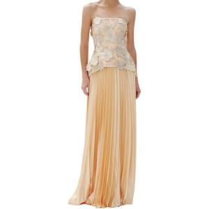 meilun Sleeveless Strapless Top with 3D Floral Detail and Cinched Waist + High-Waisted Pleated Skirt(Yellow)