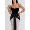 meilun Velvet Chiffon Maxi Dress with Cinched Waist and Contrasting Color Blocking for Evening(Black)