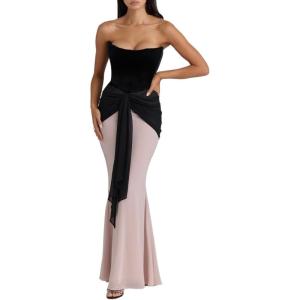 meilun Velvet Chiffon Maxi Dress with Cinched Waist and Contrasting Color Blocking for Evening(Black)