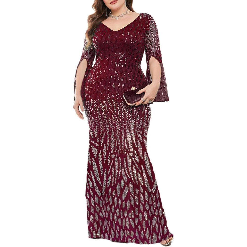 imagemeilun Plus Size Half Sleeve Sequins Evening Gowns Formal Party Long Dress Wedding Guest DressWine