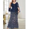 meilun Plus Size Half Sleeve Sequins Evening Gowns Formal Party Long Dress Wedding Guest Dress(Navy)