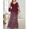 meilun Plus Size Half Sleeve Sequins Evening Gowns Formal Party Long Dress Wedding Guest Dress(Wine)