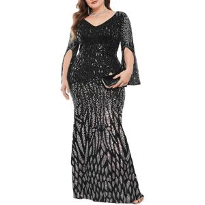 meilun Plus Size Half Sleeve Sequins Evening Gowns Formal Party Long Dress Wedding Guest Dress(Black)