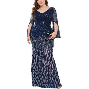 meilun Plus Size Half Sleeve Sequins Evening Gowns Formal Party Long Dress Wedding Guest Dress(Navy)