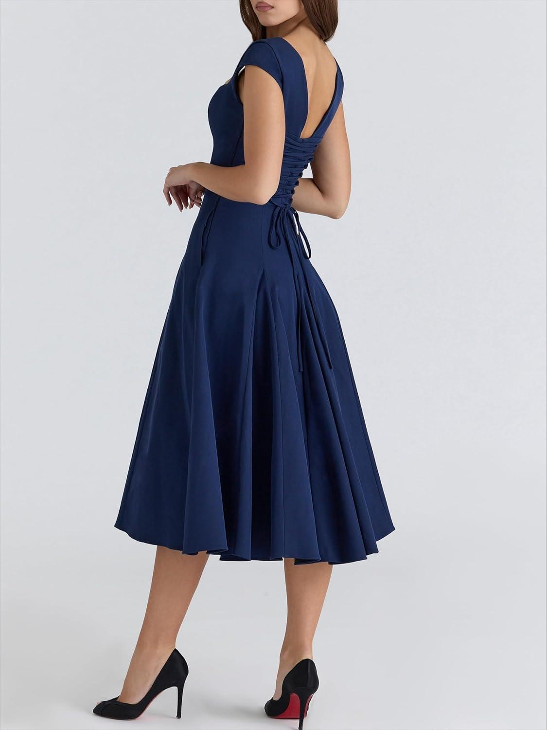 imageLace Back Twill Midi Dress Elegant Classic ShortSleeve Square Neck Evening GownNavy