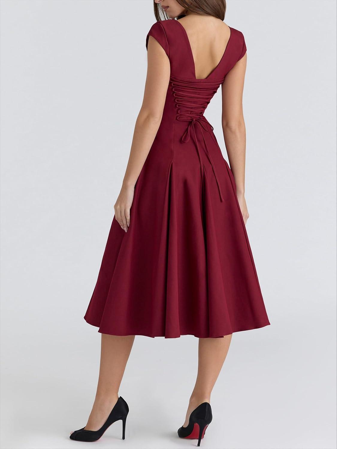 imageLace Back Twill Midi Dress Elegant Classic ShortSleeve Square Neck Evening GownWine