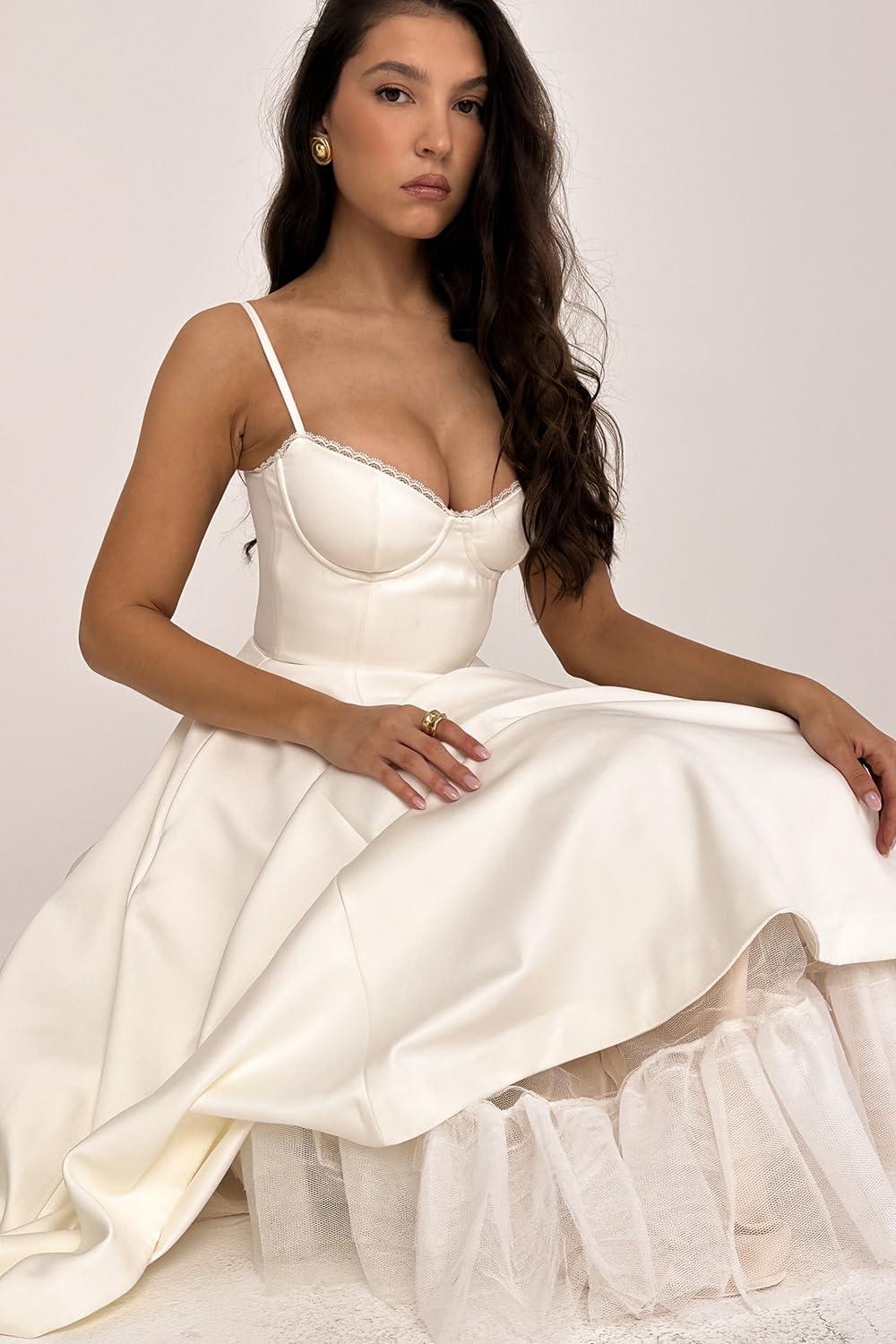 imageTulle Midi Dress Strapless Aline Puffy Skirt Christmas New Year Banquet DressWhite