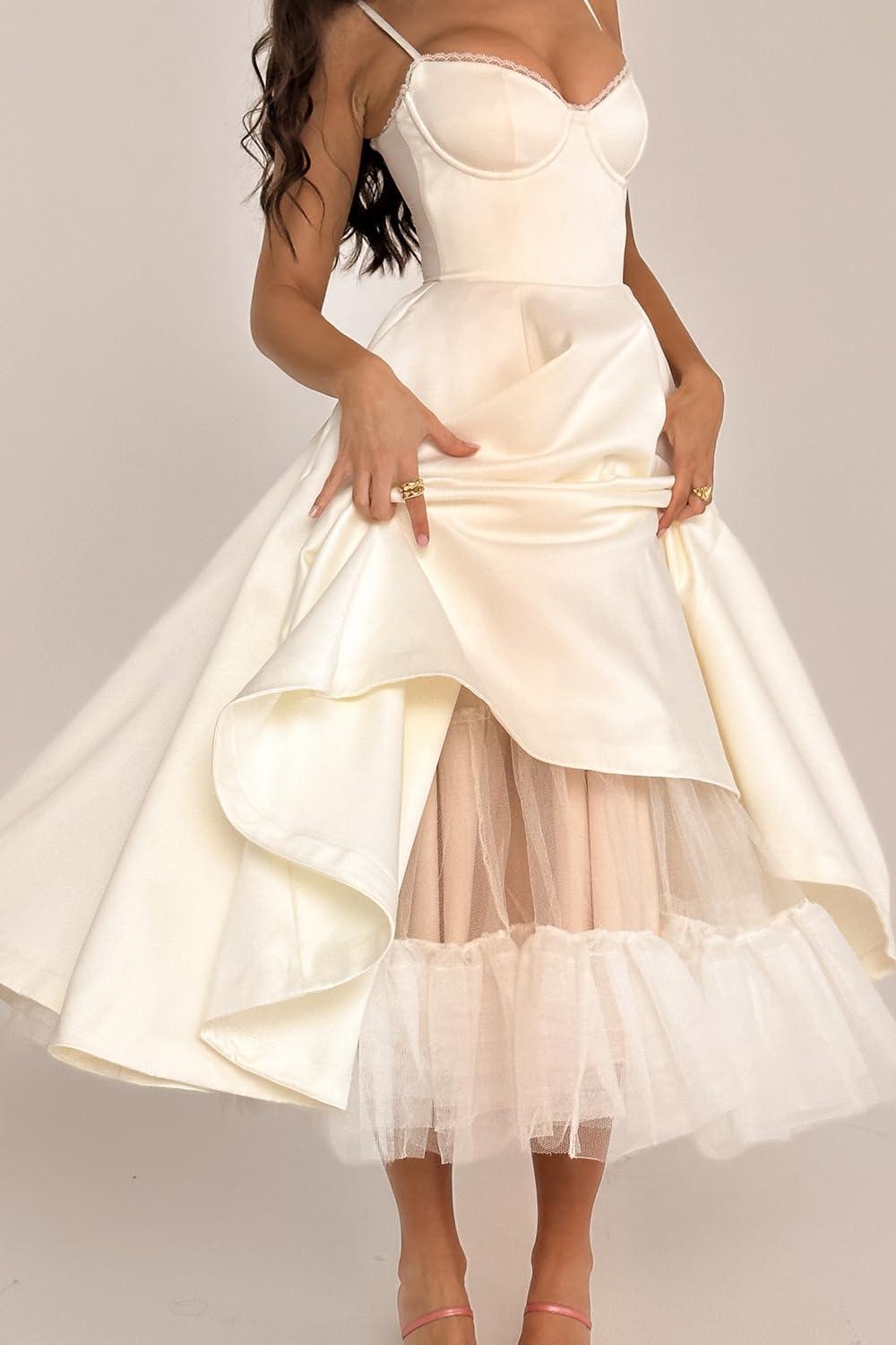 imageTulle Midi Dress Strapless Aline Puffy Skirt Christmas New Year Banquet DressWhite
