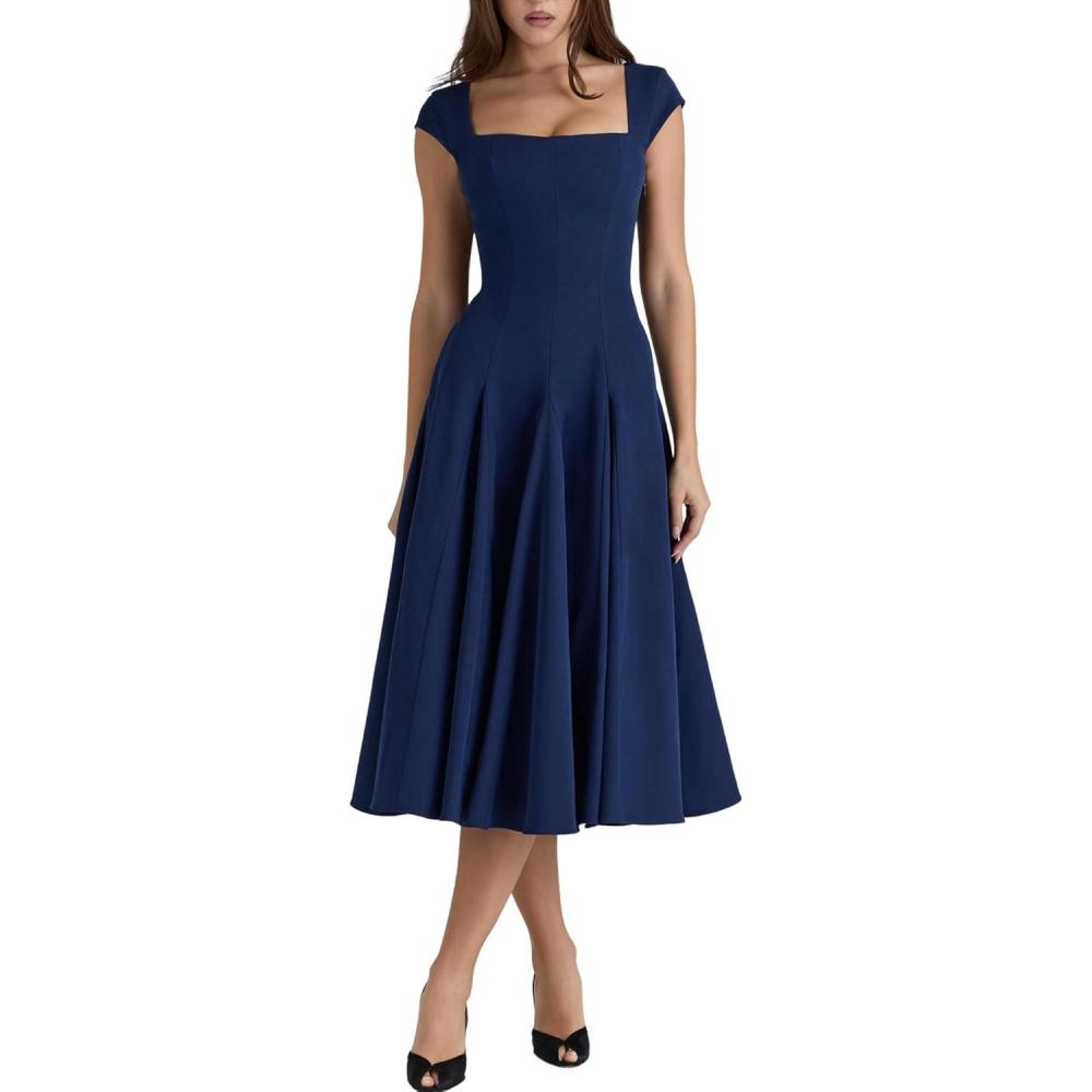 imageLace Back Twill Midi Dress Elegant Classic ShortSleeve Square Neck Evening GownNavy