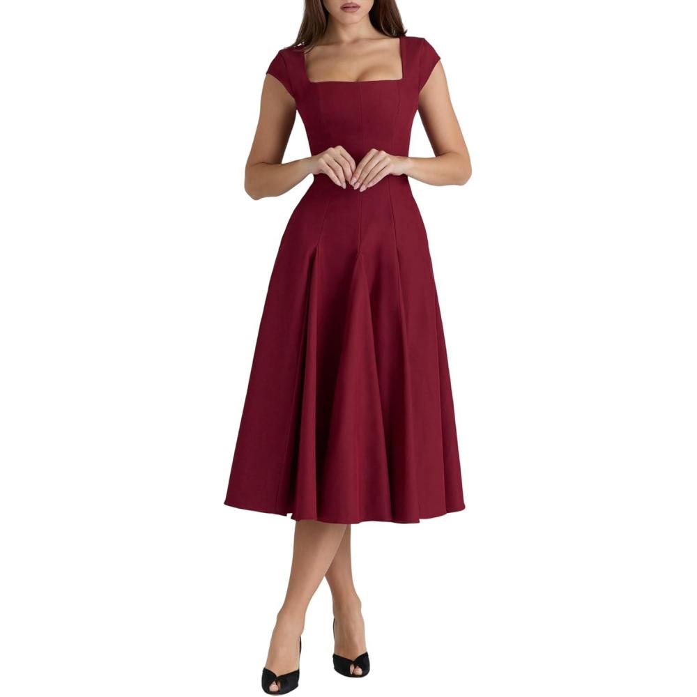 imageLace Back Twill Midi Dress Elegant Classic ShortSleeve Square Neck Evening GownWine