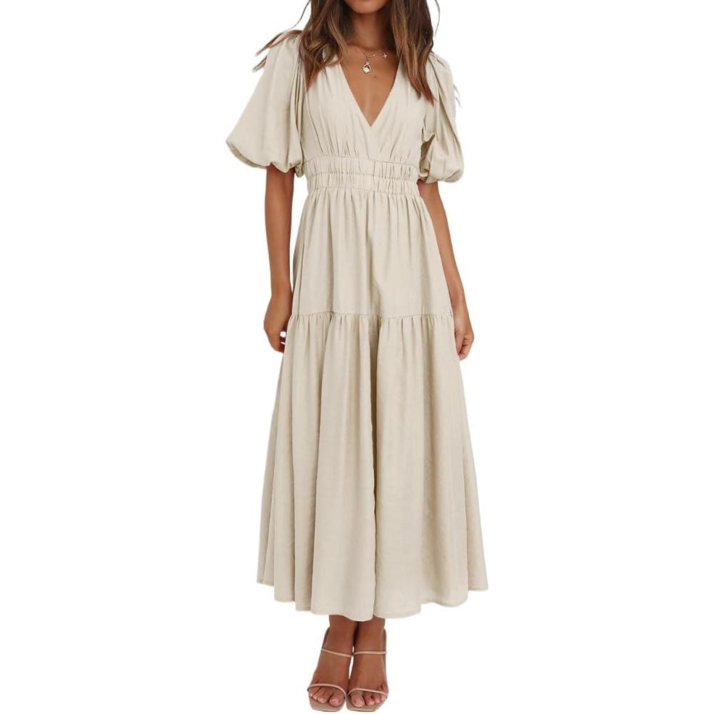 imagePuff Sleeve Plunge Tiered Dress Puffed Sleeve ResortStyle Midi Dress Casual Ins StyleBeige